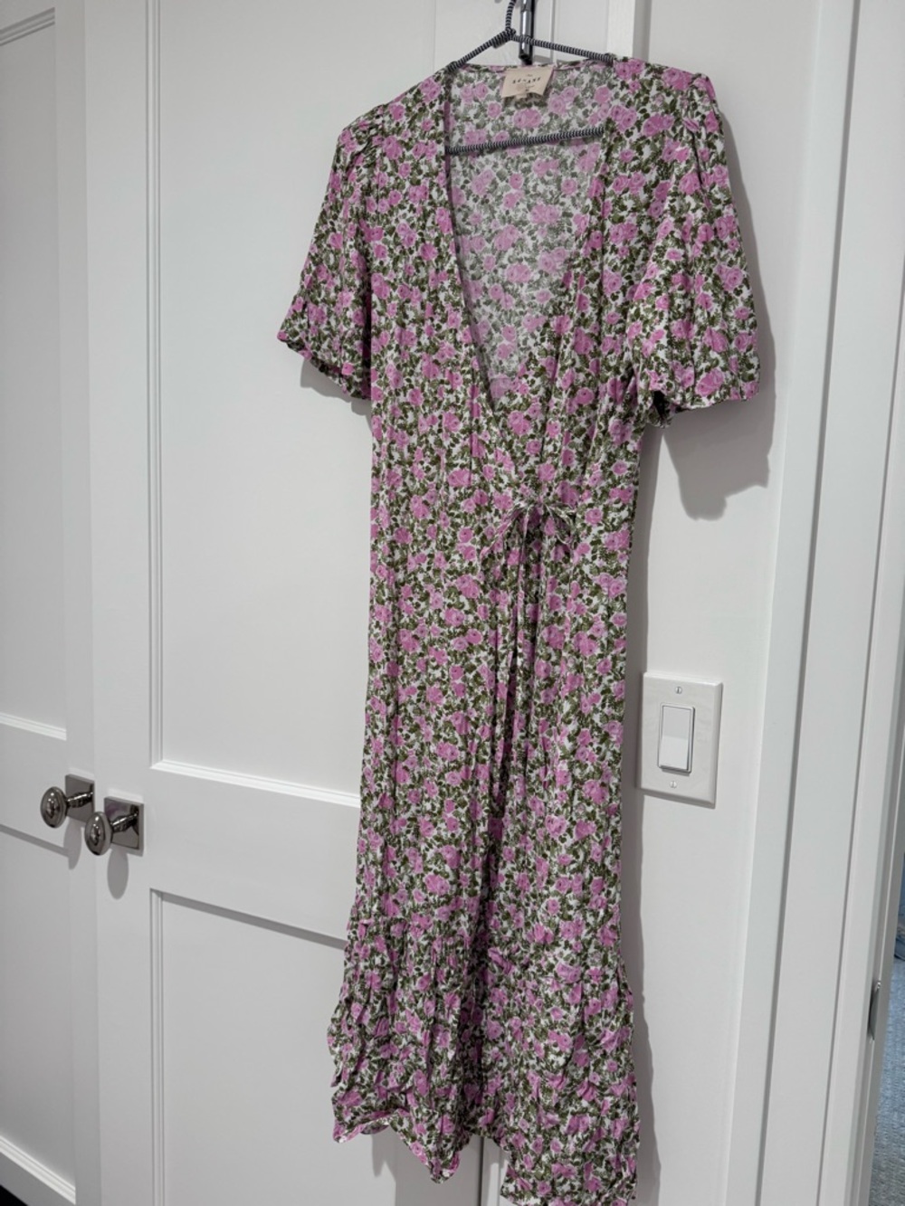 Sezane Pink Floral Maxi Dress with Green Leaf Print